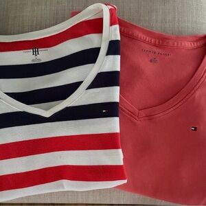 Tommy Hilfiger Orange and Navy Striped V-Neck Tee and Coral V-Neck Tee